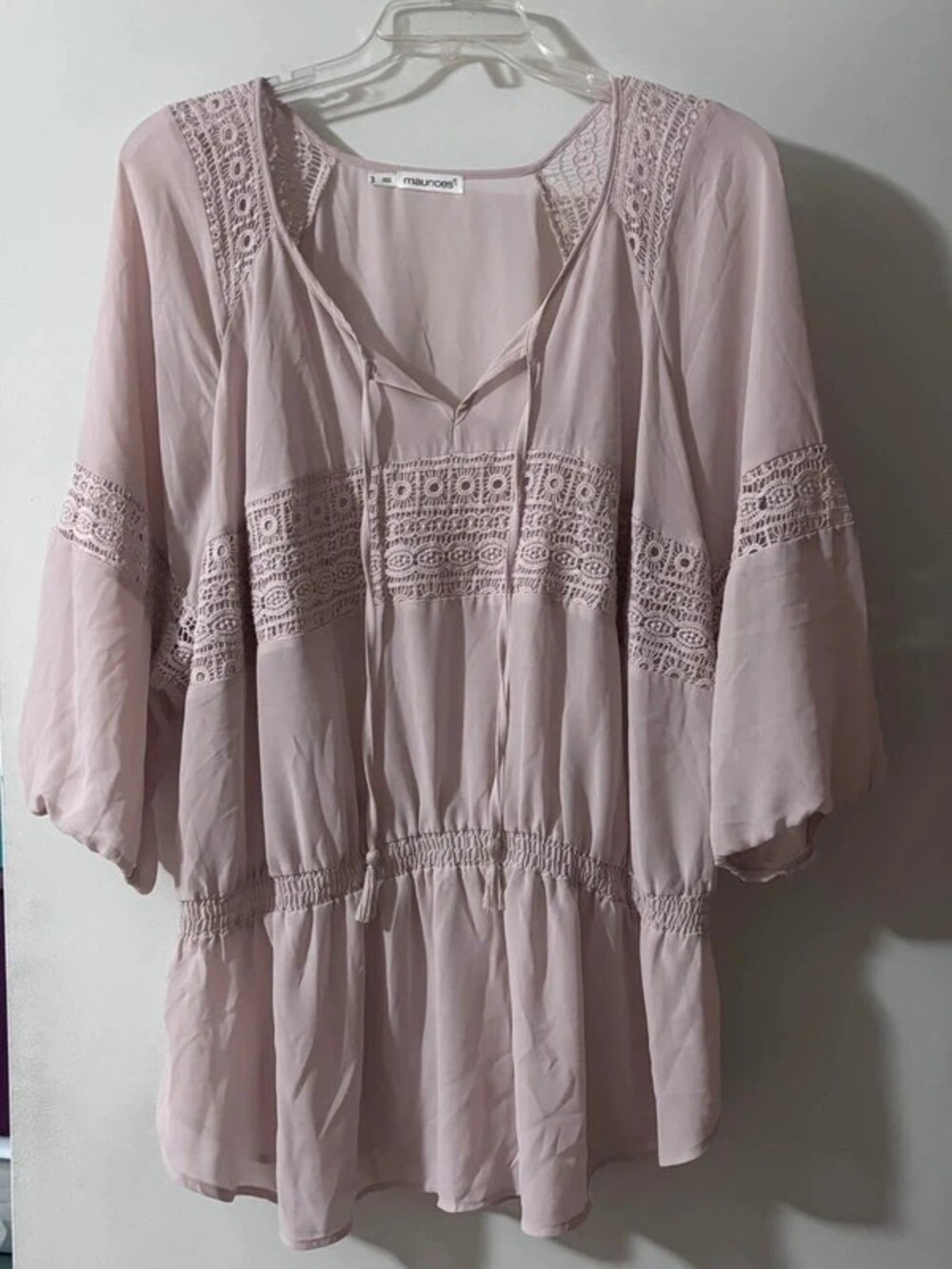 Maurices Plus Pale Pink Boho Crochet Lace Smocked Peasant Blouse - 3X
